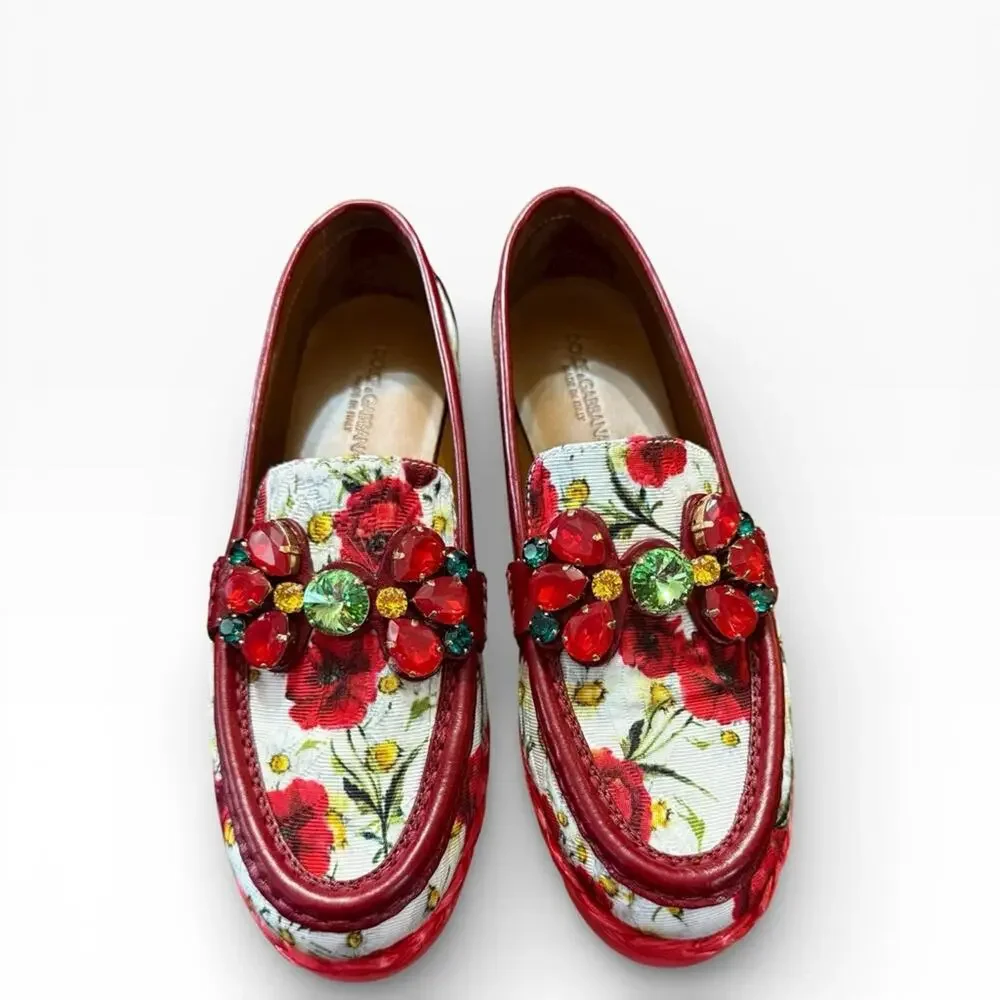 Dolce & Gabban Palermo Floral Brocade and Leather Loafers Crystal EU 36.5 US 6.5